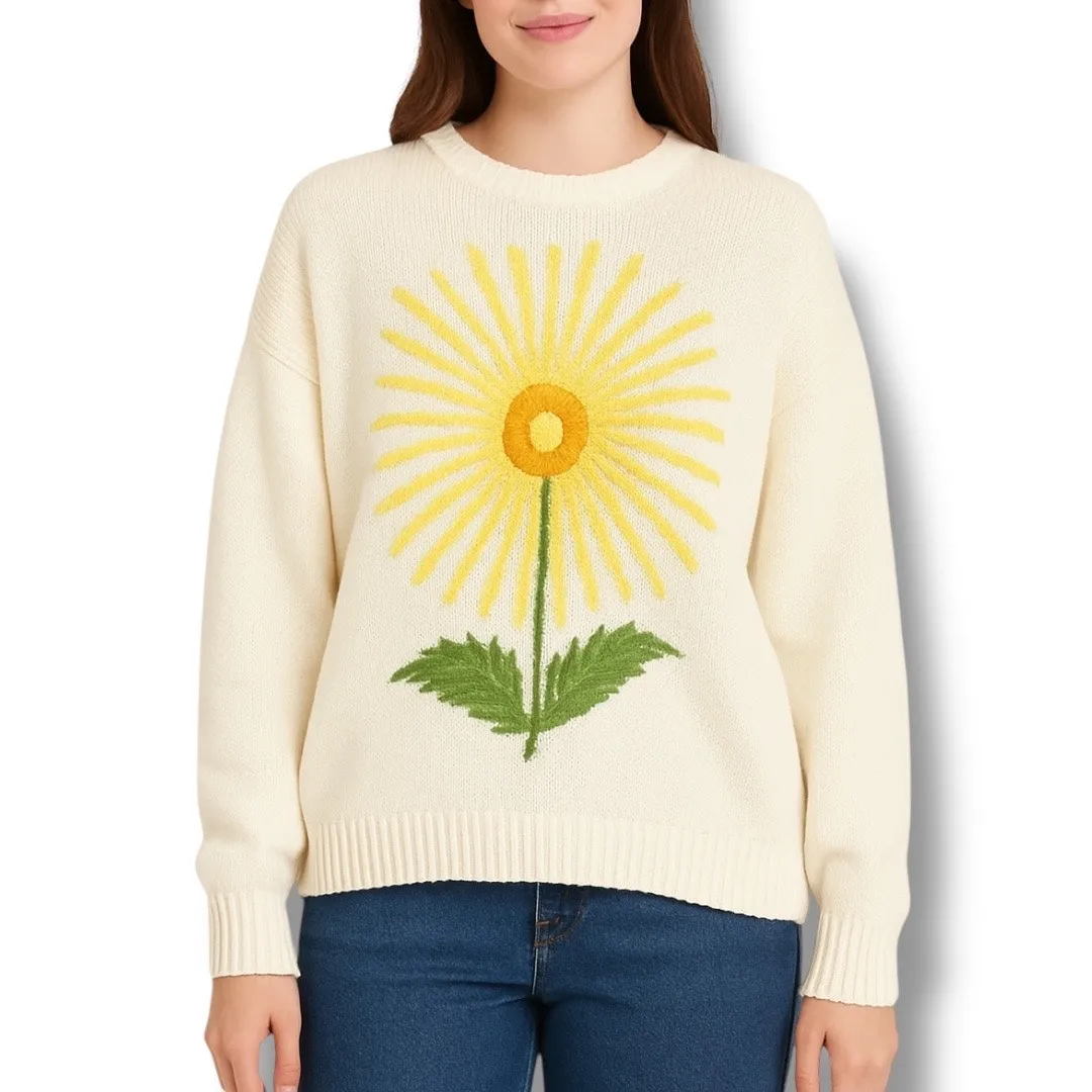 Tiny Embroidered Yellow Sunburst Flower White Knit Sweater Crewneck Pullover Size L - Image 8