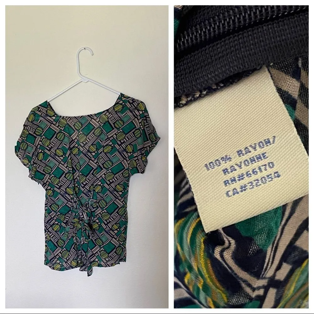 Anthropologie Odille Wrap Blouse Navy Green Taupe Rayon Boho Top - Image 7