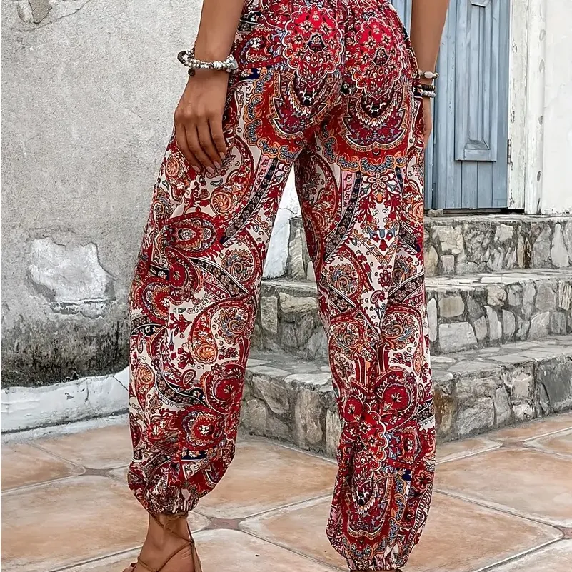 Boho Hippie Paisley Harem Pants Size Large Elasti Waist Festival NW Red - Image 3