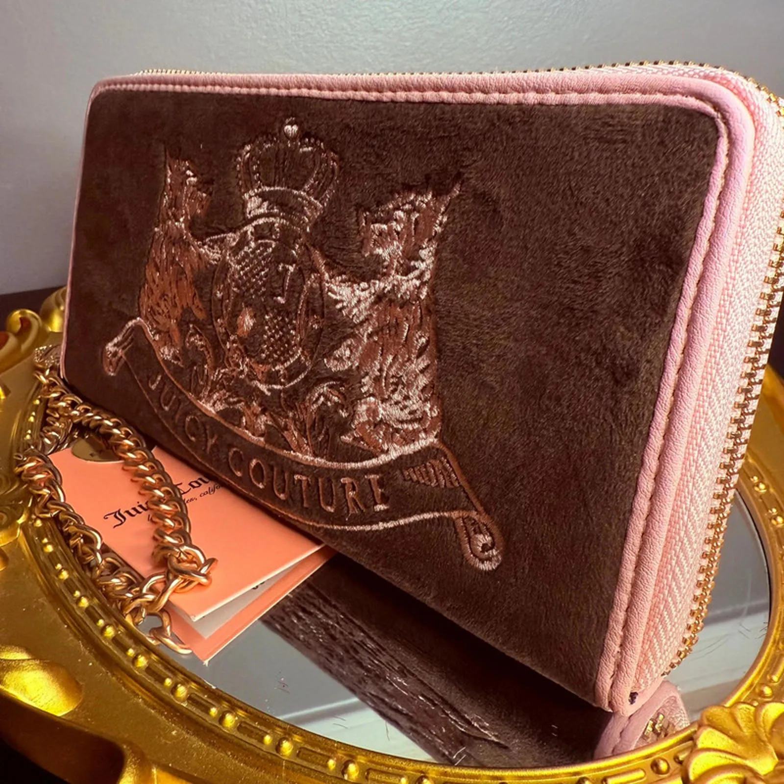 Juicy Couture Velour Zip Around Wallet Wristlet Brown Pink Chain NWT - Image 3