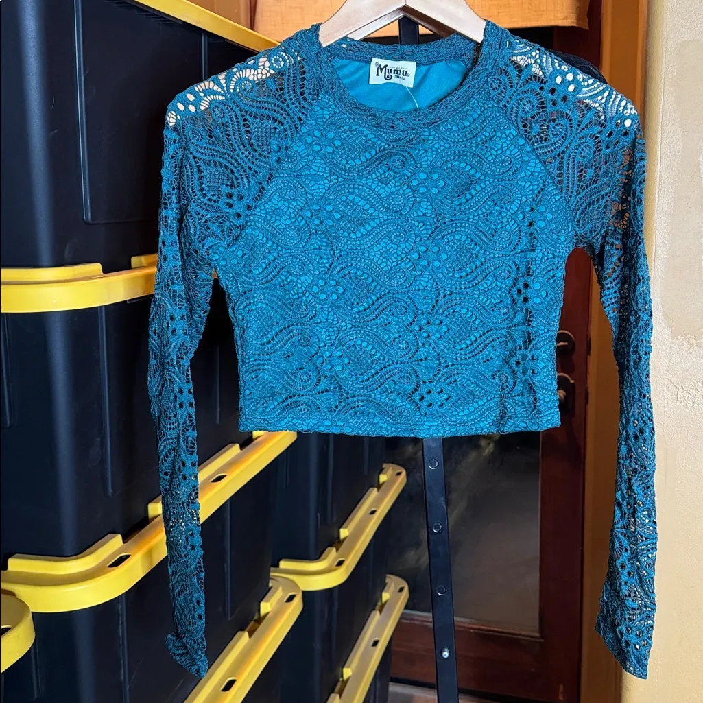 NWT Show Me Your MuMu Teal Lace Long Sleeve Crop Top Size Small - Image 7