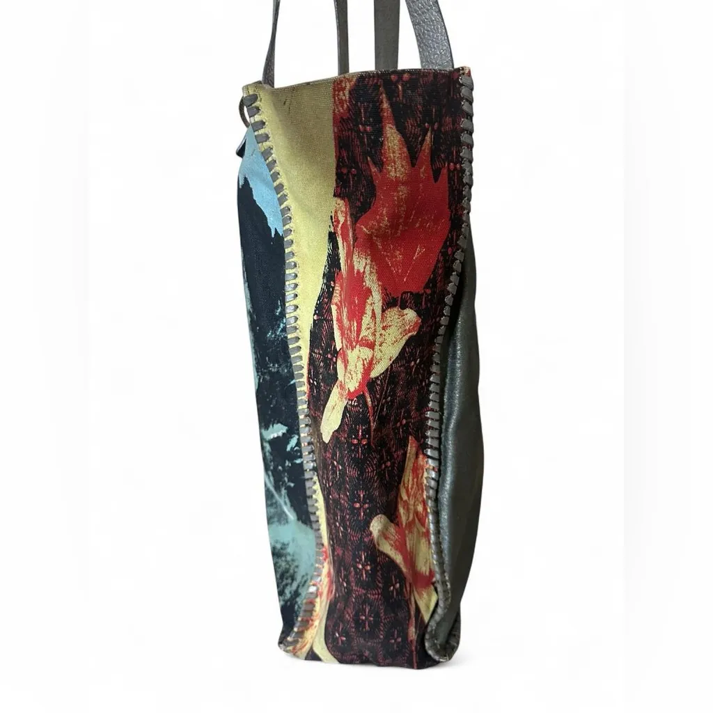 Anthropologie Jasper & Jeera Printed Canvas & Leather Tote Bag Blue - Image 4