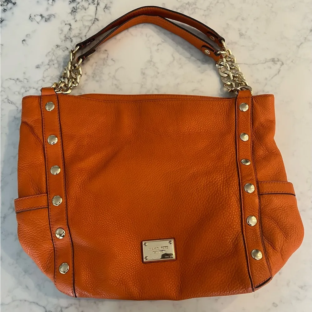 Michael Kors Orange Gold Studded Shoulder Hobo  Leather Bag Purse - Image 10