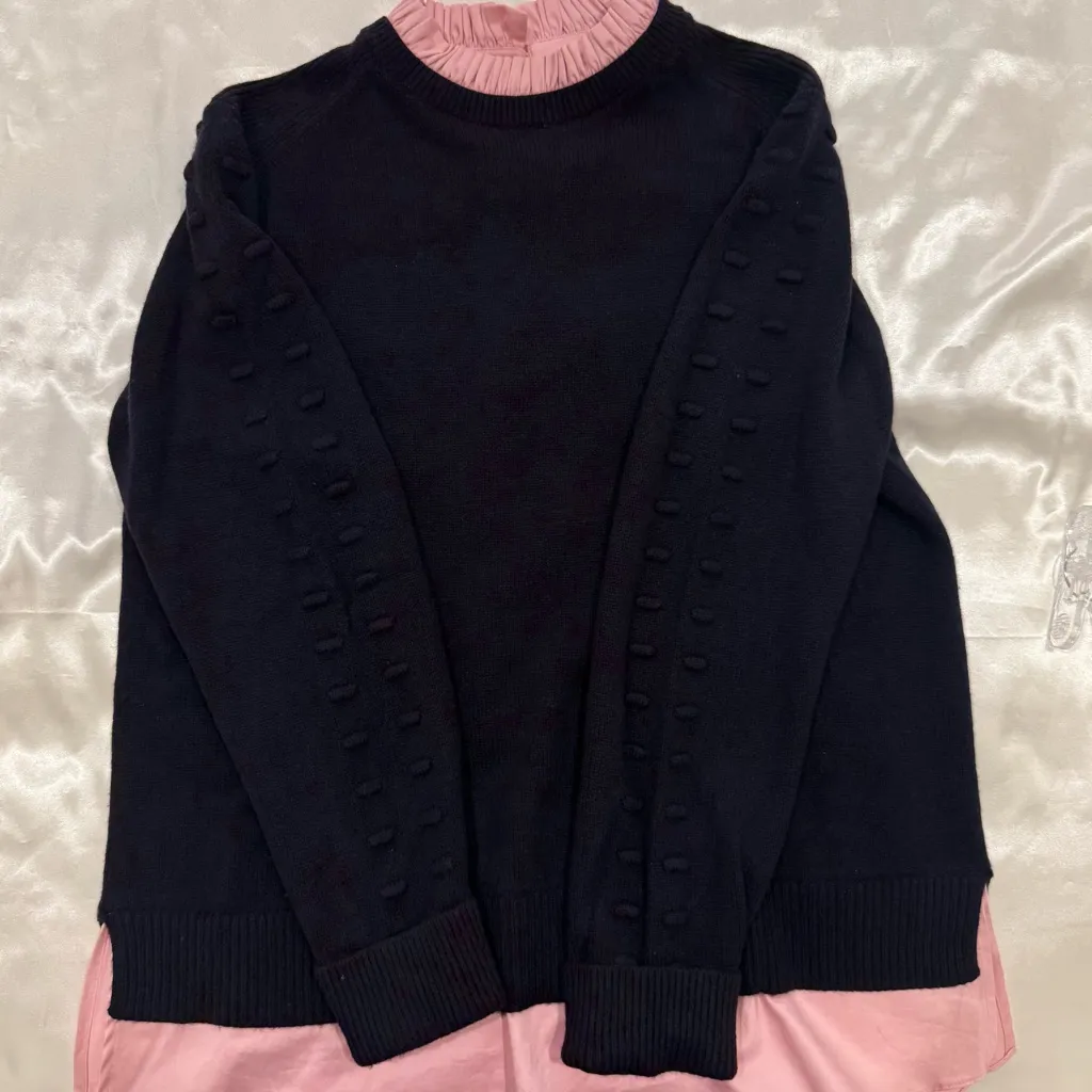 Ted Baker Lissiah Wool Layered Sweater Mock Neck Navy Blue Pink Small Preppy - Image 13