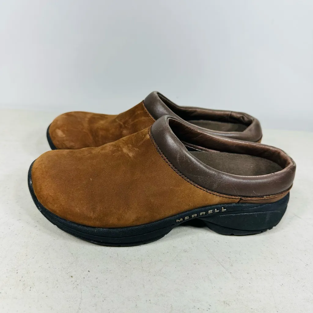 Women's Size 5,5 Merrell MOC Jungle Primo Dark Brown Leather Clogs Slip-On Flats - Image 4