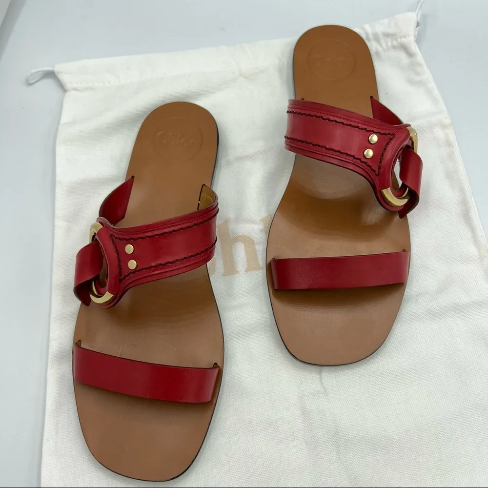 CHLOE Demi Leather Slide Flat Sandals Size EU 39.5 US 9.5 Red Tan Gold hardware - Image 3