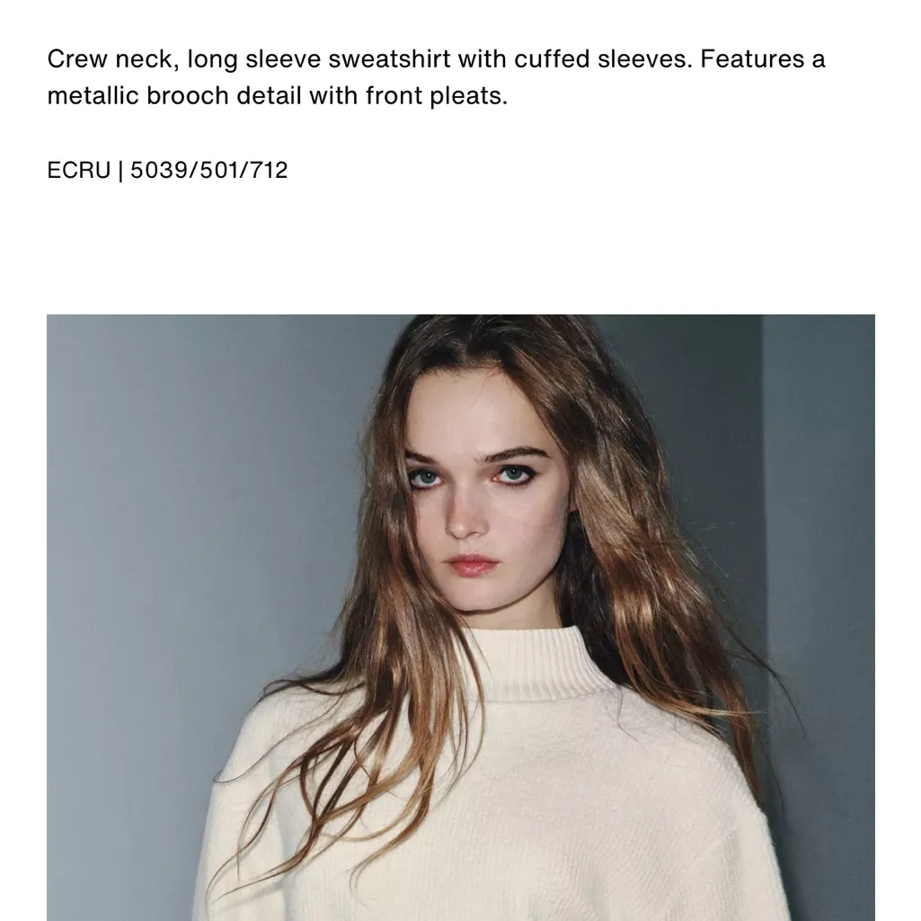 ZARA  NWT cream ivory rustic brooch asymmetrical hem ruched sweatshirt - Image 2