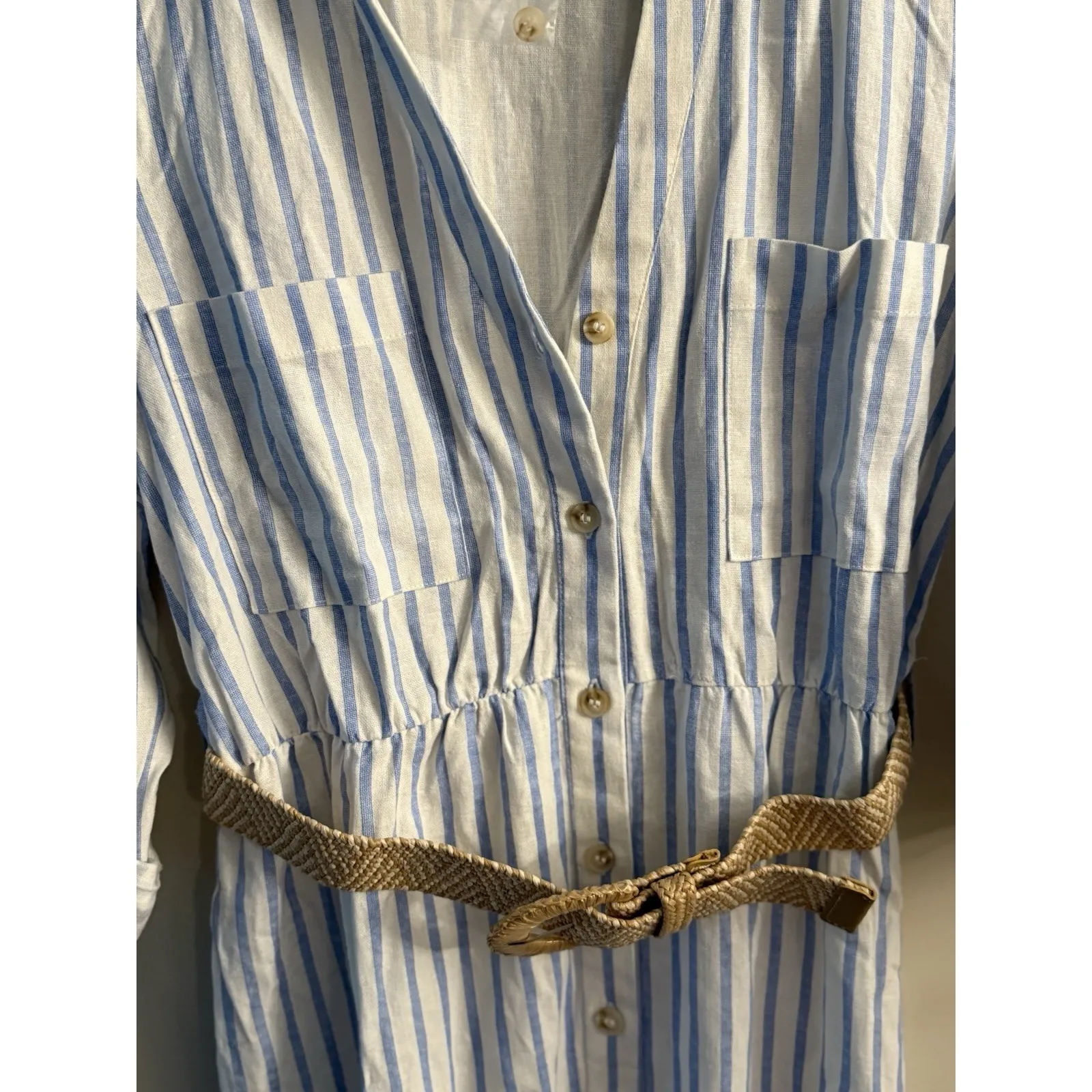 August Sky Women's Linen‎ Blend Dress Blue Striped Maxi with Roll Tab and Belt S - Image 5