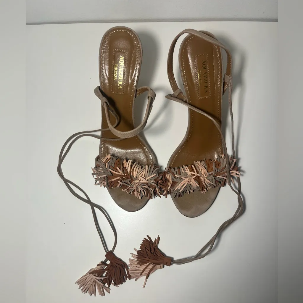 Aquazzura Suede Wild Thing Fringed Multicolor Sandals Heels Shoes Brown Size 6.5 - Image 8