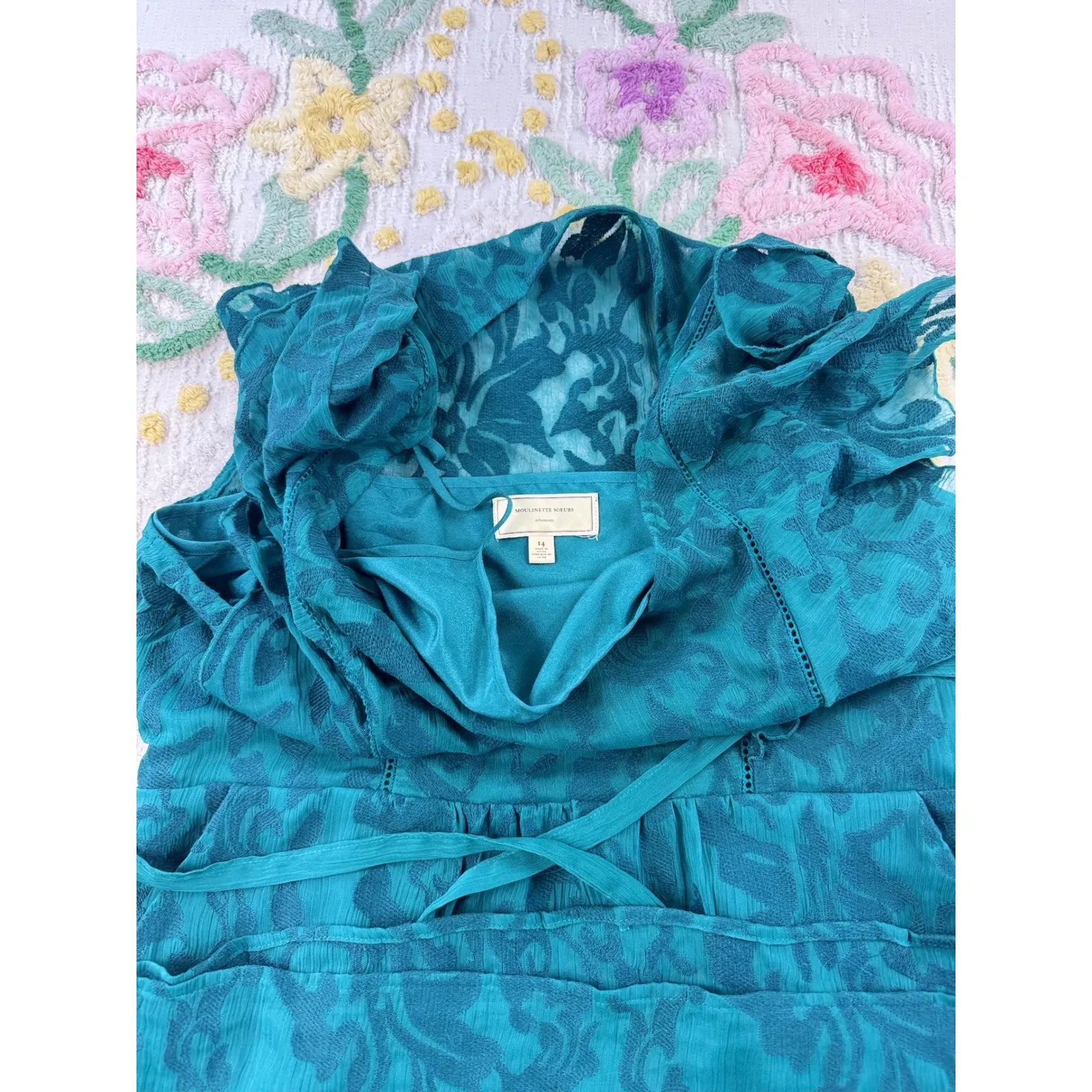 Moulinette Soeurs anthropologie Teal Lace Overlay Flutter Sleeve 14 dress - Image 7