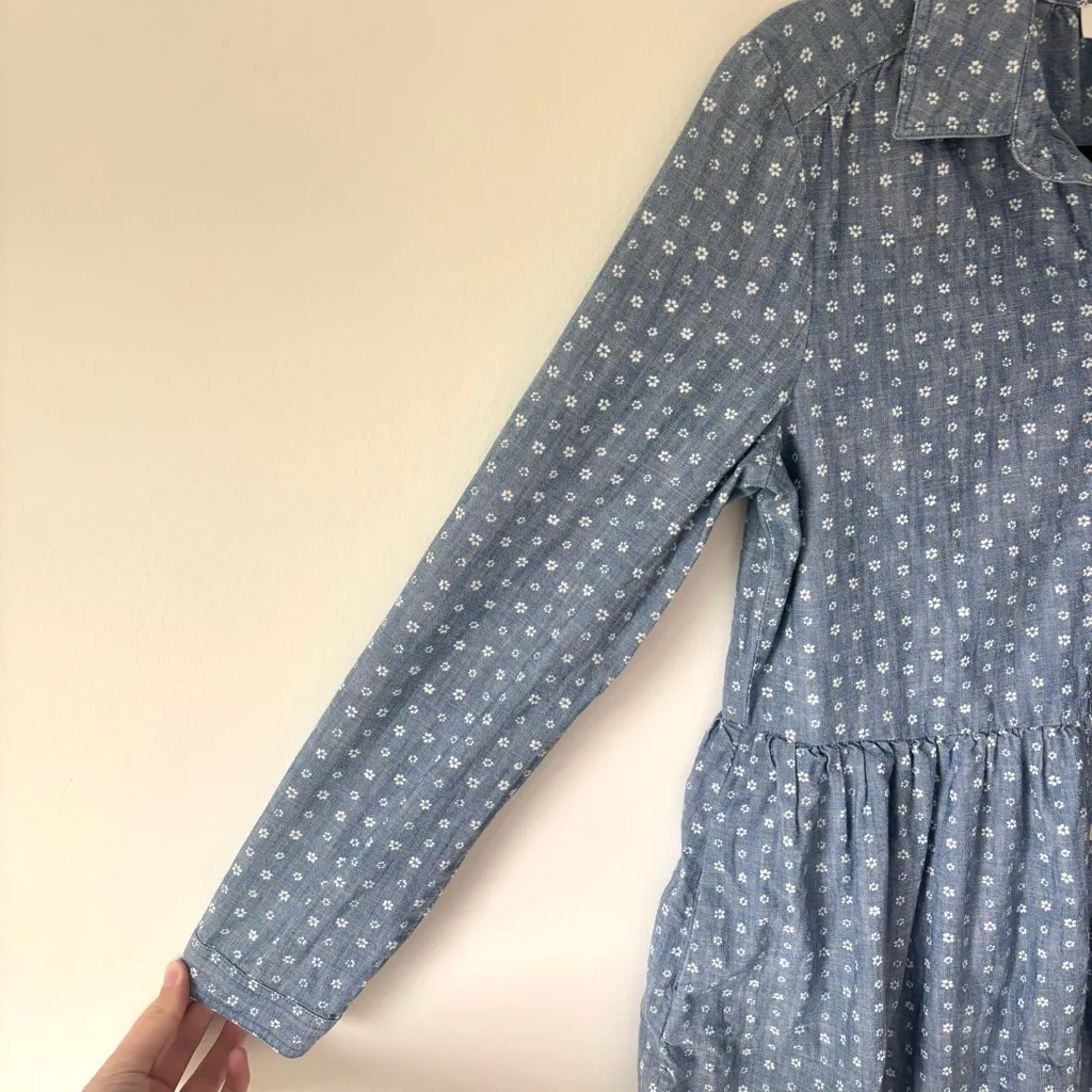 J. Crew Blue Denim Chambray Mini Shirt Dress Long Sleeve Dainty White Flowers - Image 5