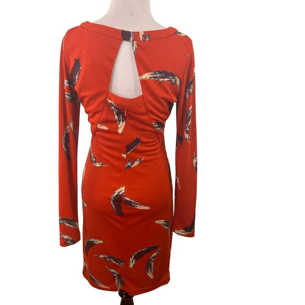 Yoana Baraschi Anthropologie Redish Orange Long Sleeve Feather Dress Size Small - Image 5