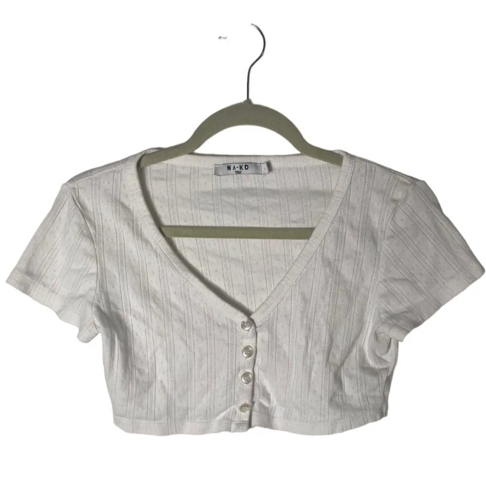 NA-KD White Textured Button Front Cropped Top Size S 100% Cotton Short Sleeve - Image 2