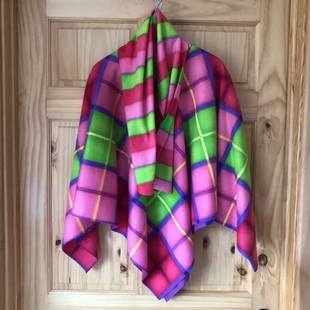 Bright multicolored plaid fleece handmade poncho & scarf set OS Size undefined - Image 8
