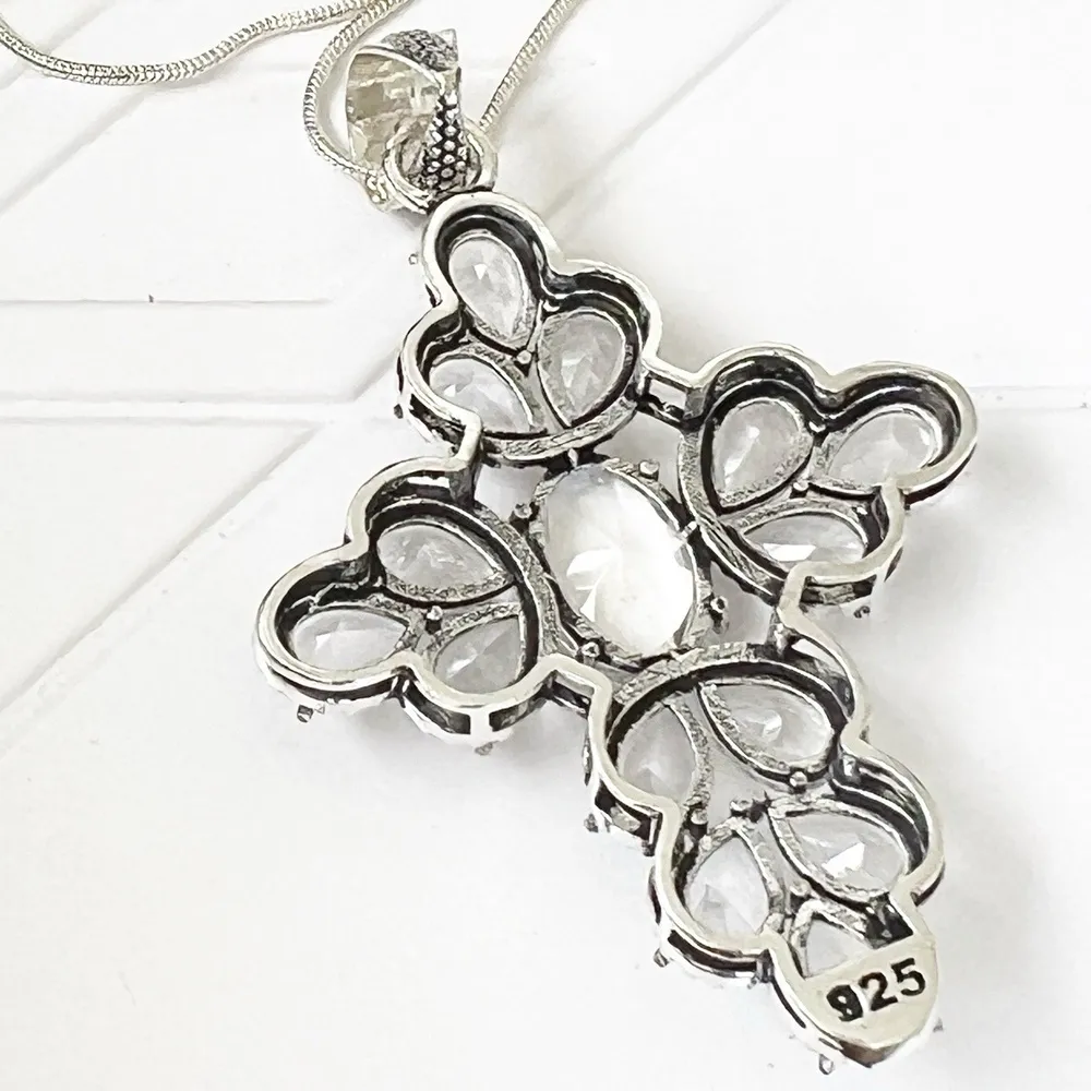 925 Sterling Silver Handmade White Topaz Gemstone Cross Necklace Womens Jewelry - Image 9