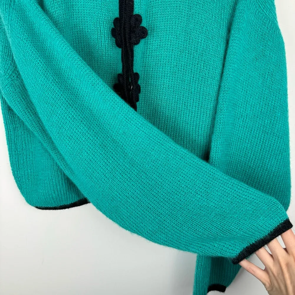 Alpaca Peru Womens Baby Alpaca Cardigan Sweater Sz Medium Floral Art to Wear Blue - Image 13