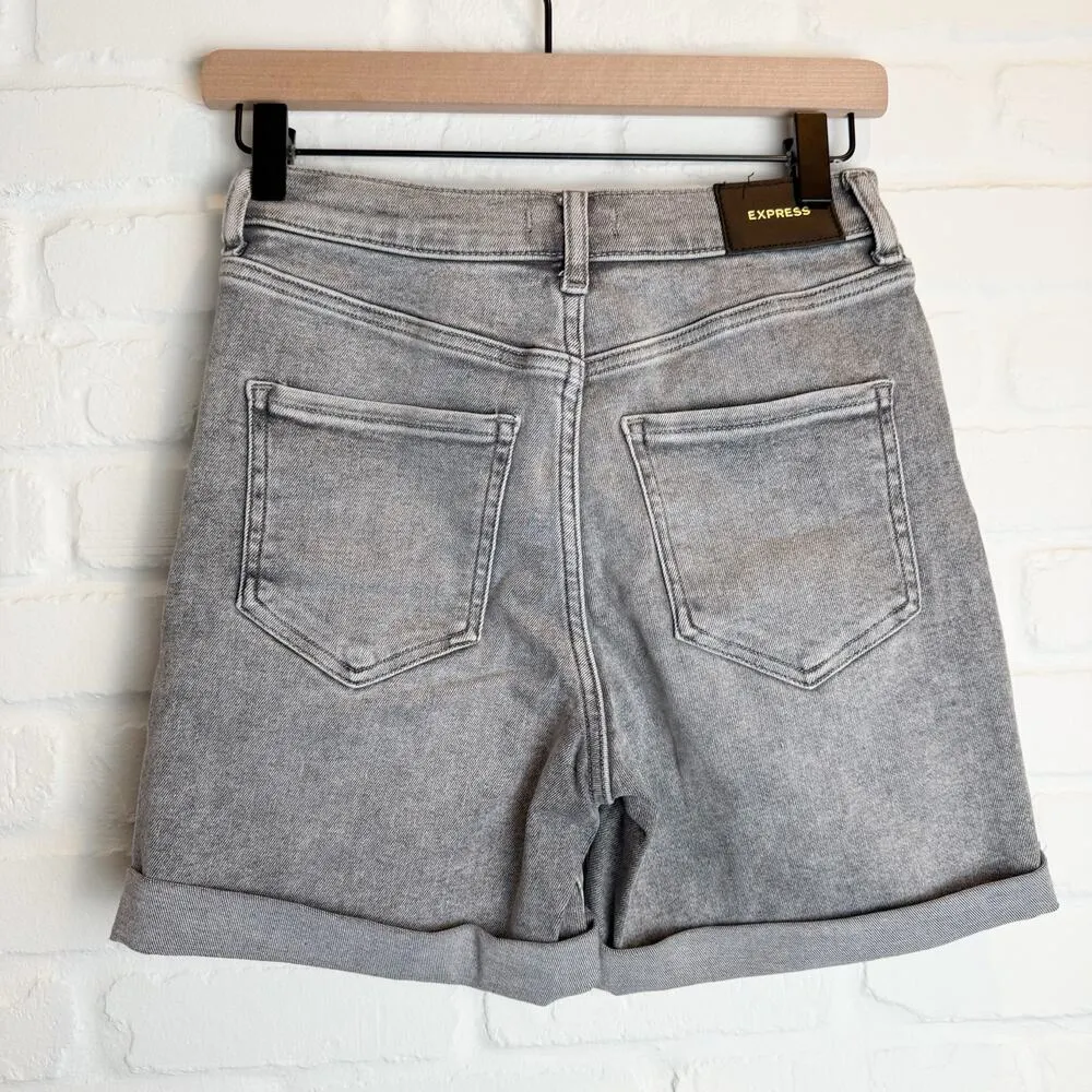 Express Denim Bermuda Shorts Gray Rolled Cuff Raw Hem High Rise Stretch Jean 2R - Image 2