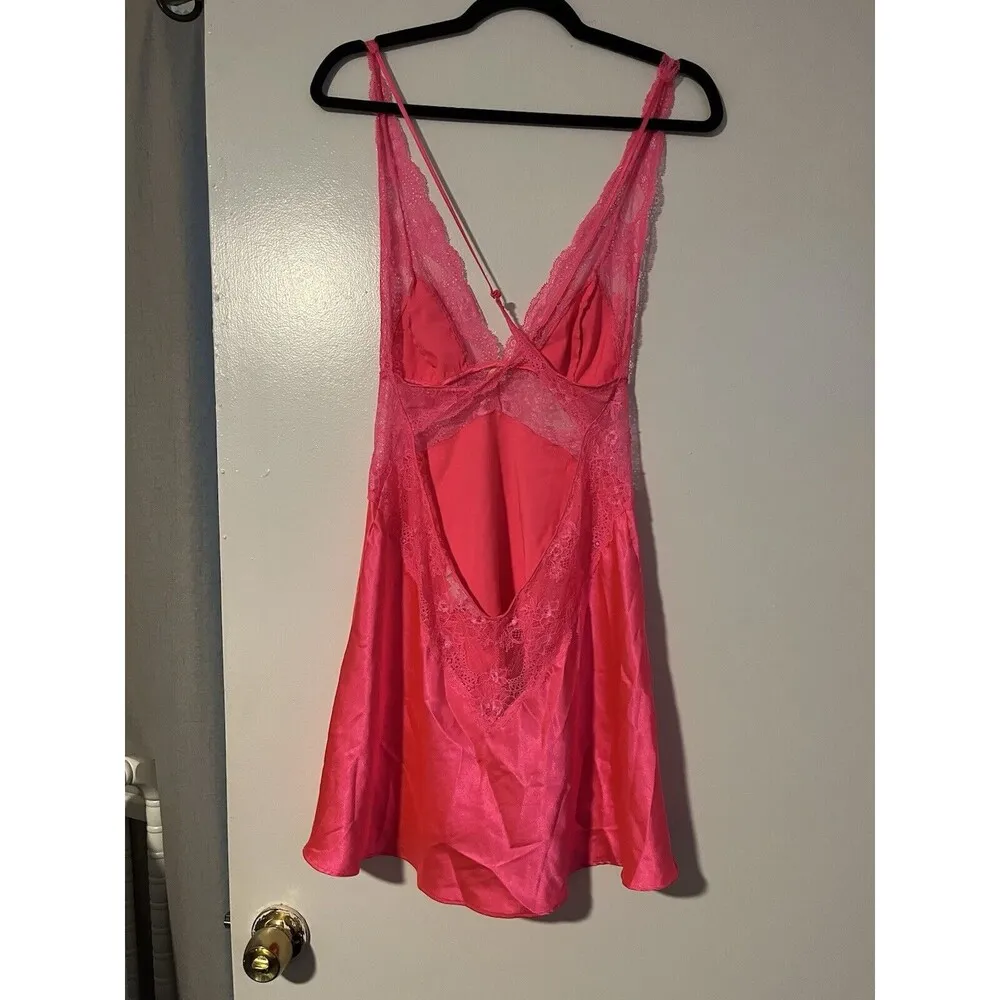 Victorias Secret Hot Pink Satin Lace Slip Dress Crossback Negligee Bow - Image 5