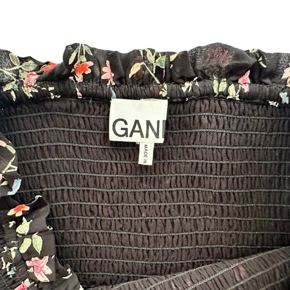 GANNI Elm Shirred Floral Black Georgette Mini Skirt Size 40 US 10 Smocked Waist - Image 5