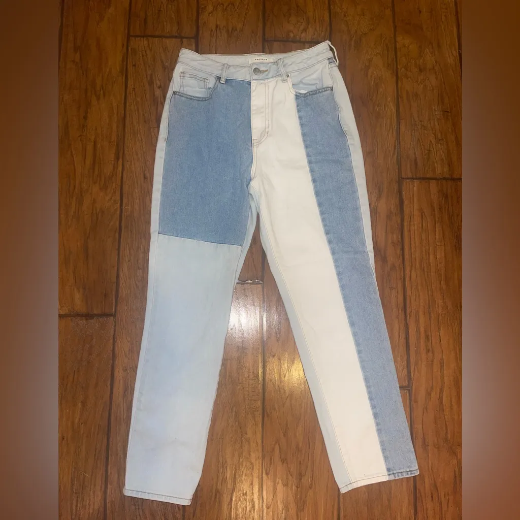 PacSun Eco Hopper patch mom jeans Tri tone blue white paneled design size 27 - Image 2