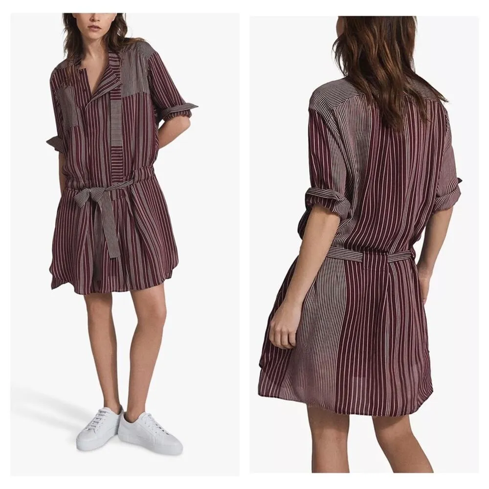 NWT Reiss Albi Burgundy Striped Shirt Dress Size 0 Tie Waist Button Workwear - Image 16