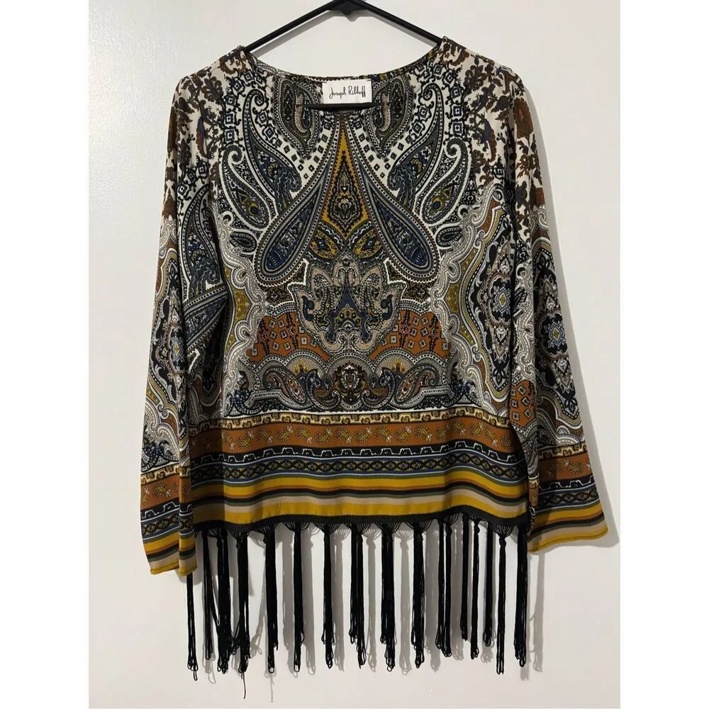 Jospeh Ribkoff Women’s Paisley Aztec Striped Fringe Blouse sz 8 Boho Artsy Indie - Image 2