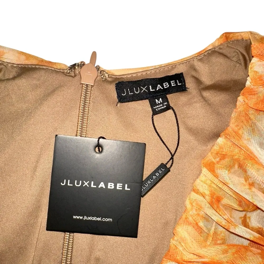 NWT JLUXLABEL Summer Lovers Orange Ruched Long Sleeve V-Neck Mini Dress MEDIUM - Image 5