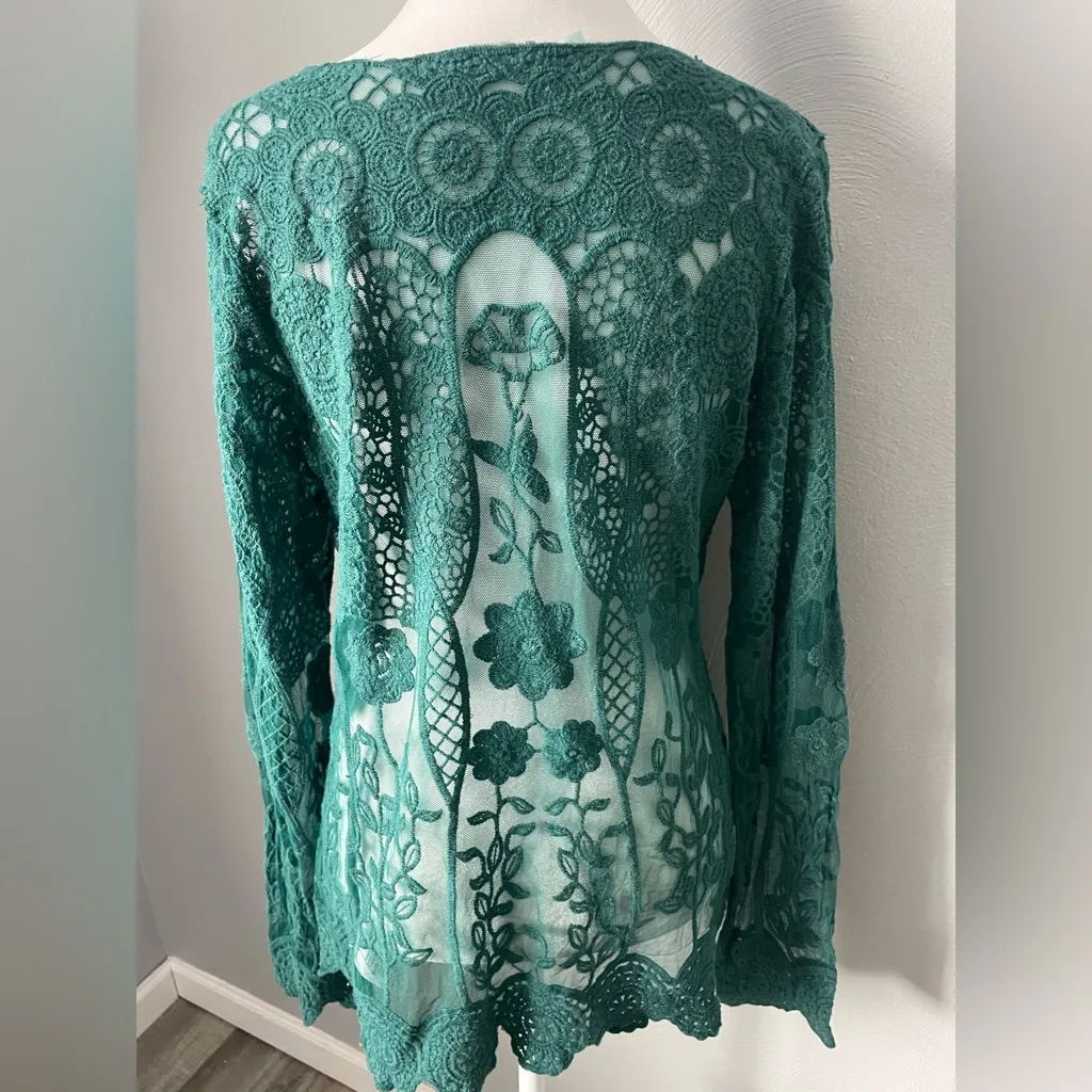 Vintage Style Green Crochet & Embroidered Blouse Festival Hippie Lightweight - Image 3