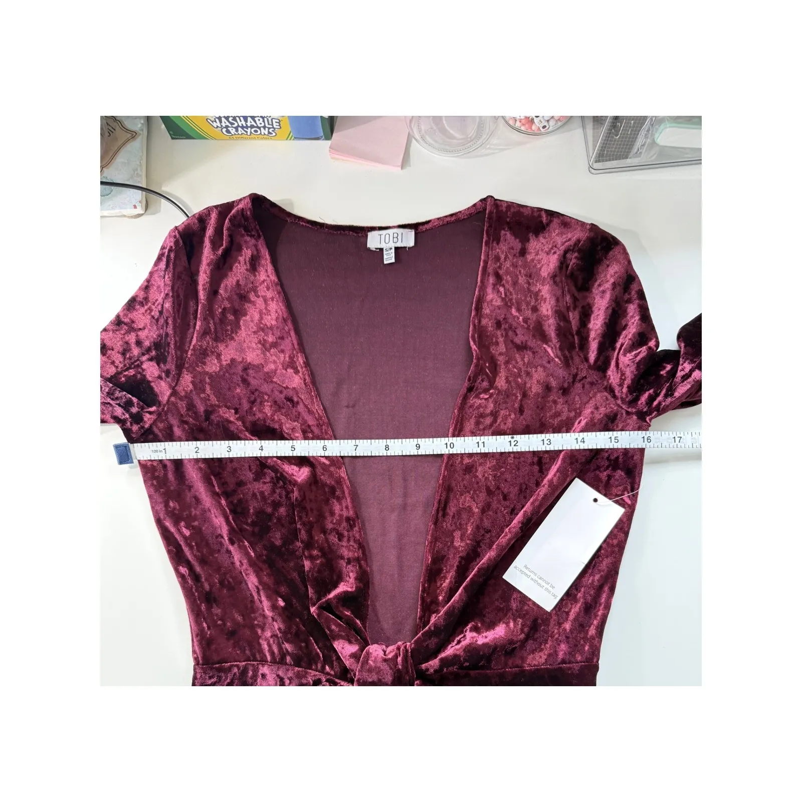 TOBI Velvet Deep V-Neck Twist Front Long Sleeve Bodysuit Burgundy Small - Image 5
