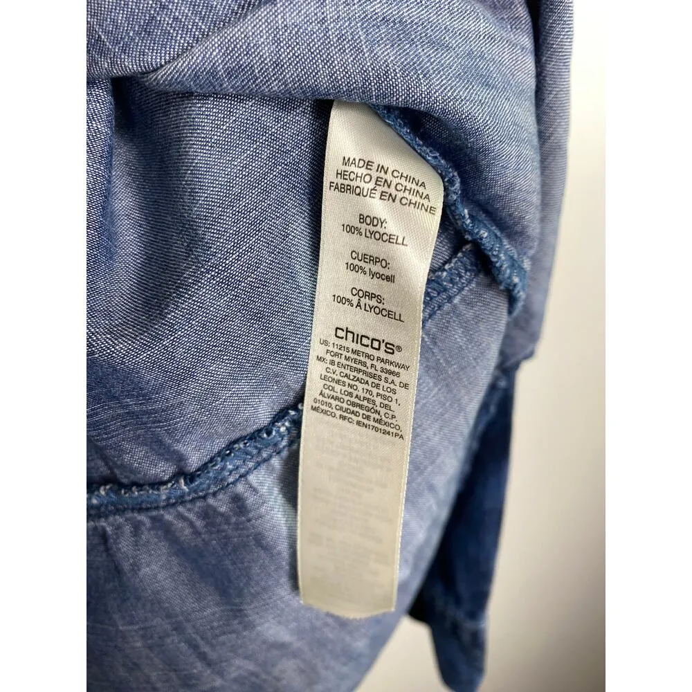 Chico's Blue Chambray Denim Printed Button Down Top Women's Size 0 Small S - Image 7
