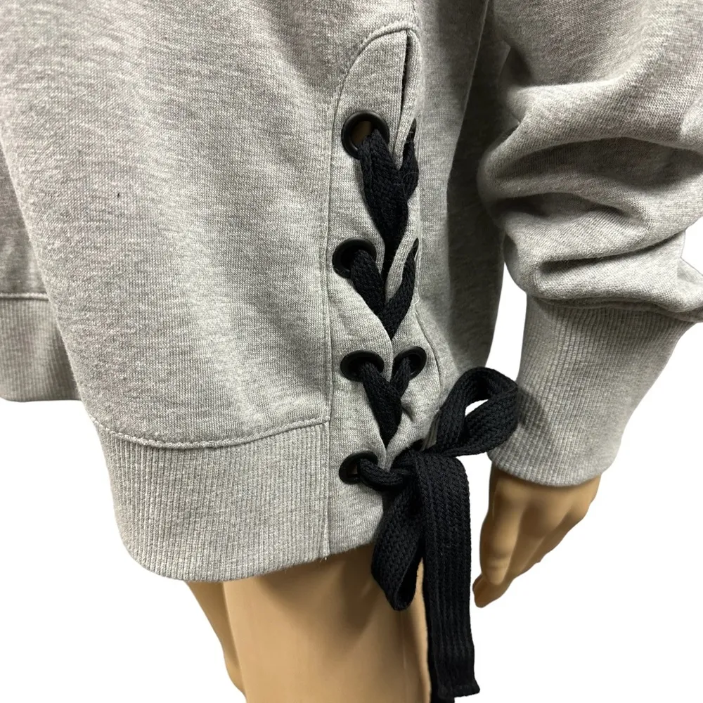 Bebe Sport Gray Black Lace Up Sides Rhinestone Logo Heather Gray Sweatshirt L - Image 7