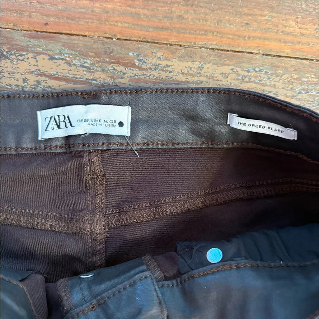 Zara The Dreed Flare Waxed Chocolate Brown Cropped Leg Raw Hem Jeans Sz 6 💚🍄 - Image 7