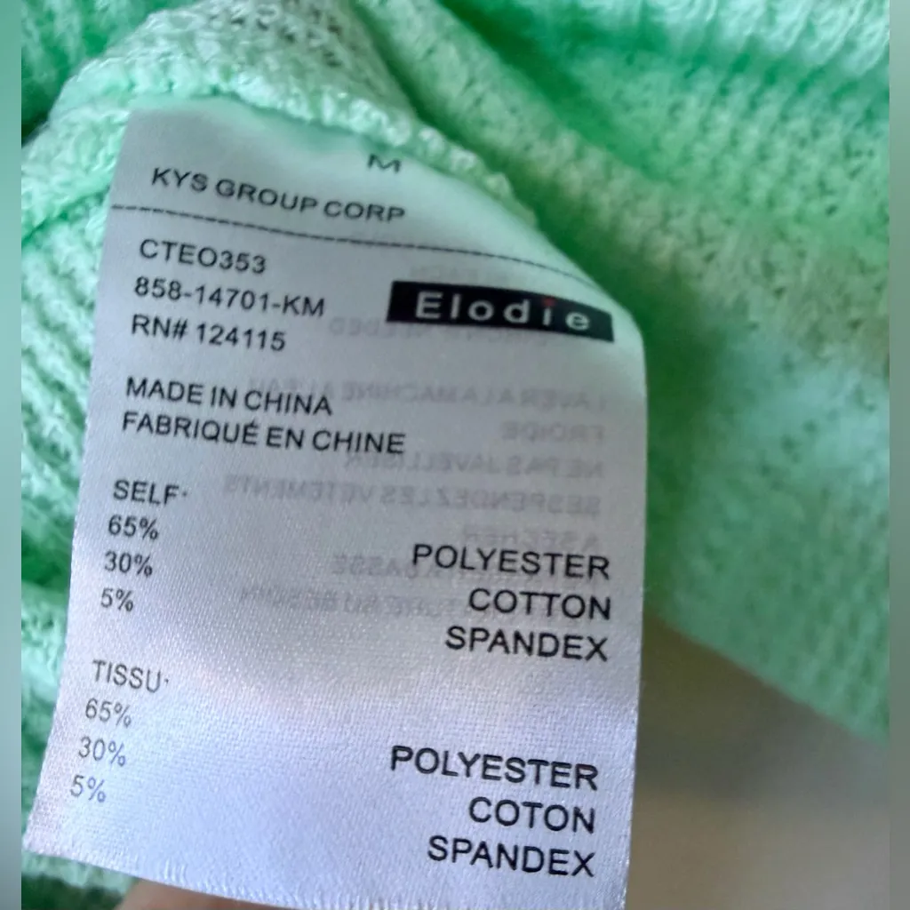 ELODIE NWT Waffle Knit Short Sleeve Button-Up Crop Top, Size Medium Mint Green - Image 8