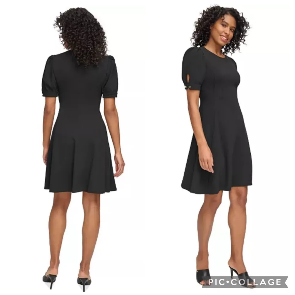DKNY Gold Tone Button Sleeve Fit And Flare Dress Black 8 - Image 3