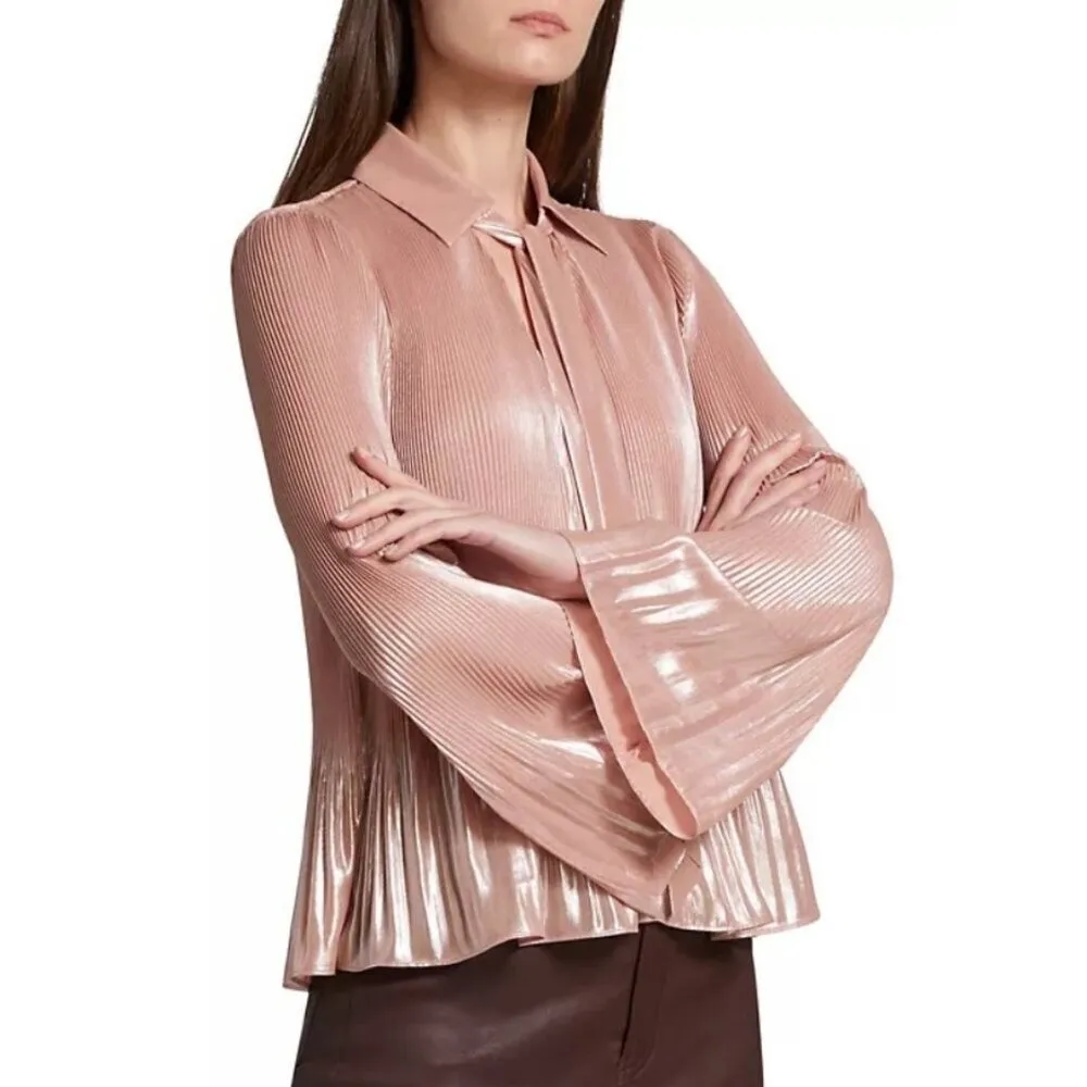 💕DEREK LAM 10 CROSBY💕 Ellery Metallic Plissé Tie-Neck Top ~ Pink Silver 16 NWT - Image 3