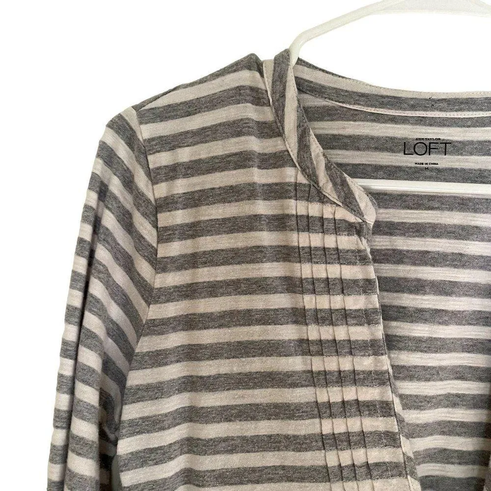 Ann Taylor LOFT gray and white striped v-neck women's blouse cotton casual - Image 2