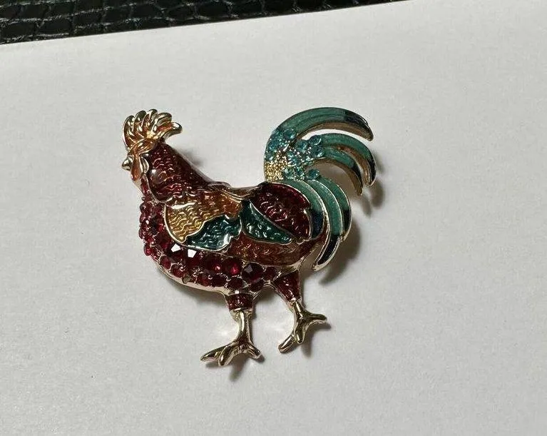 Signed Napier Gold Tone Multi Color Enamel / Rhinestone Rooster Bird Brooch Pin - Image 4