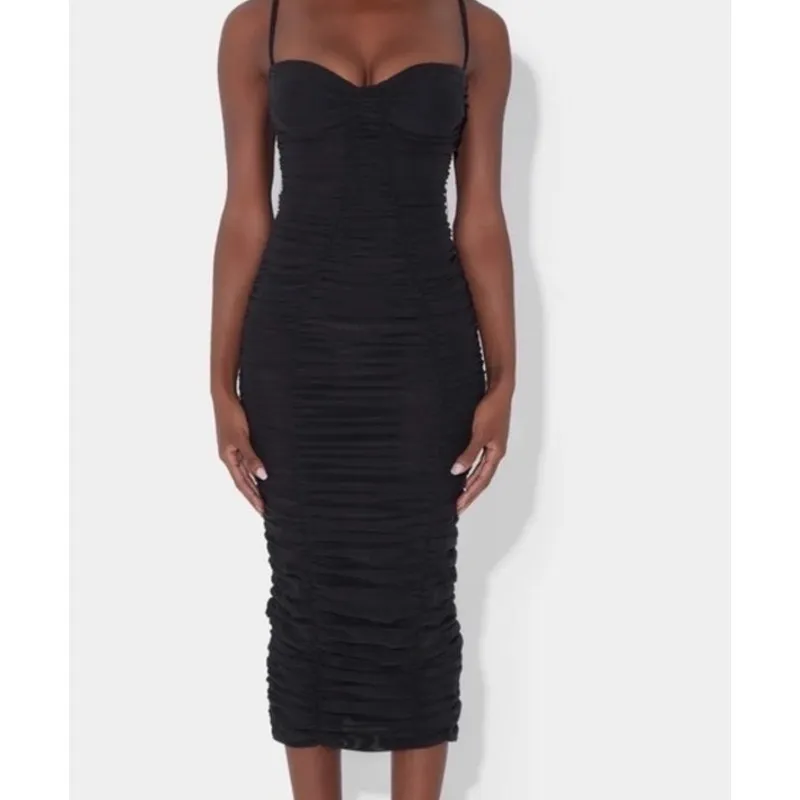 LEAU Midi Dress Bustier Mesh Shirred Storm Size XS Black - Image 7