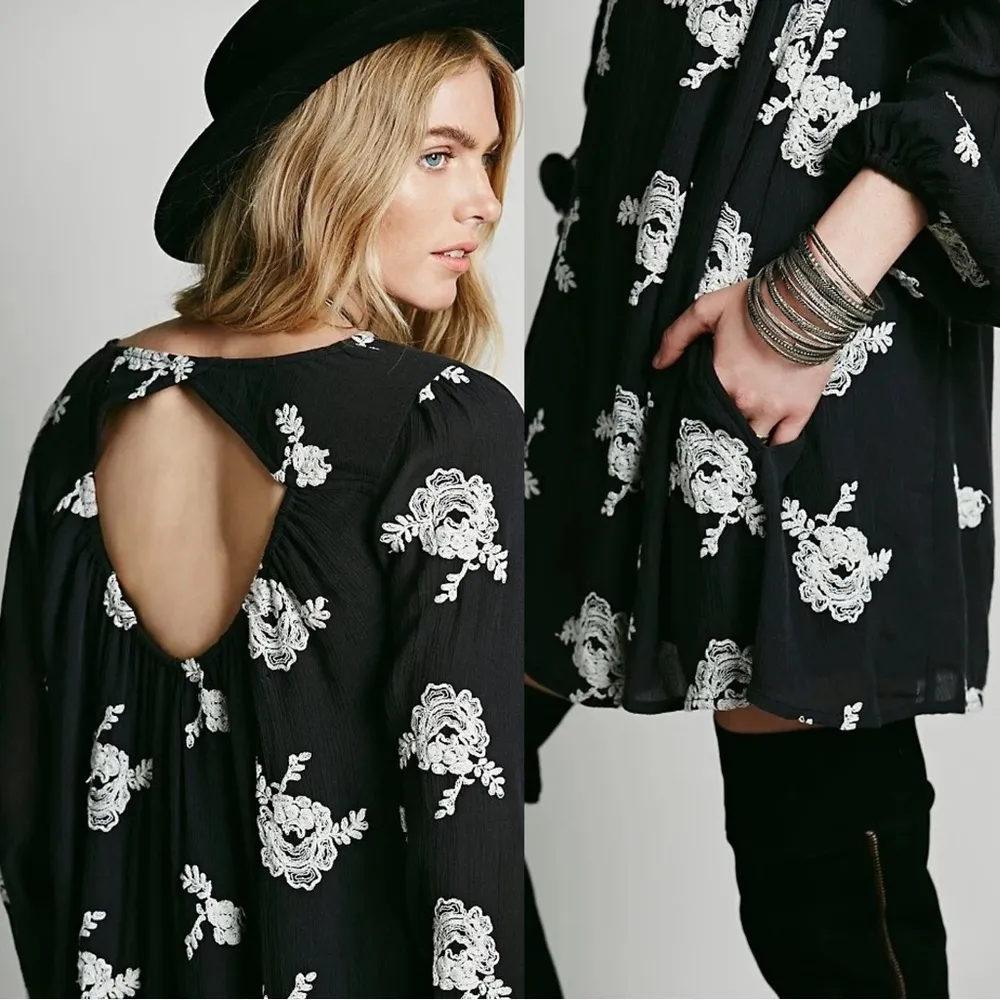 Free People • Embroidered Austin Mini Dress black cream floral flowy swing Emma - Image 8