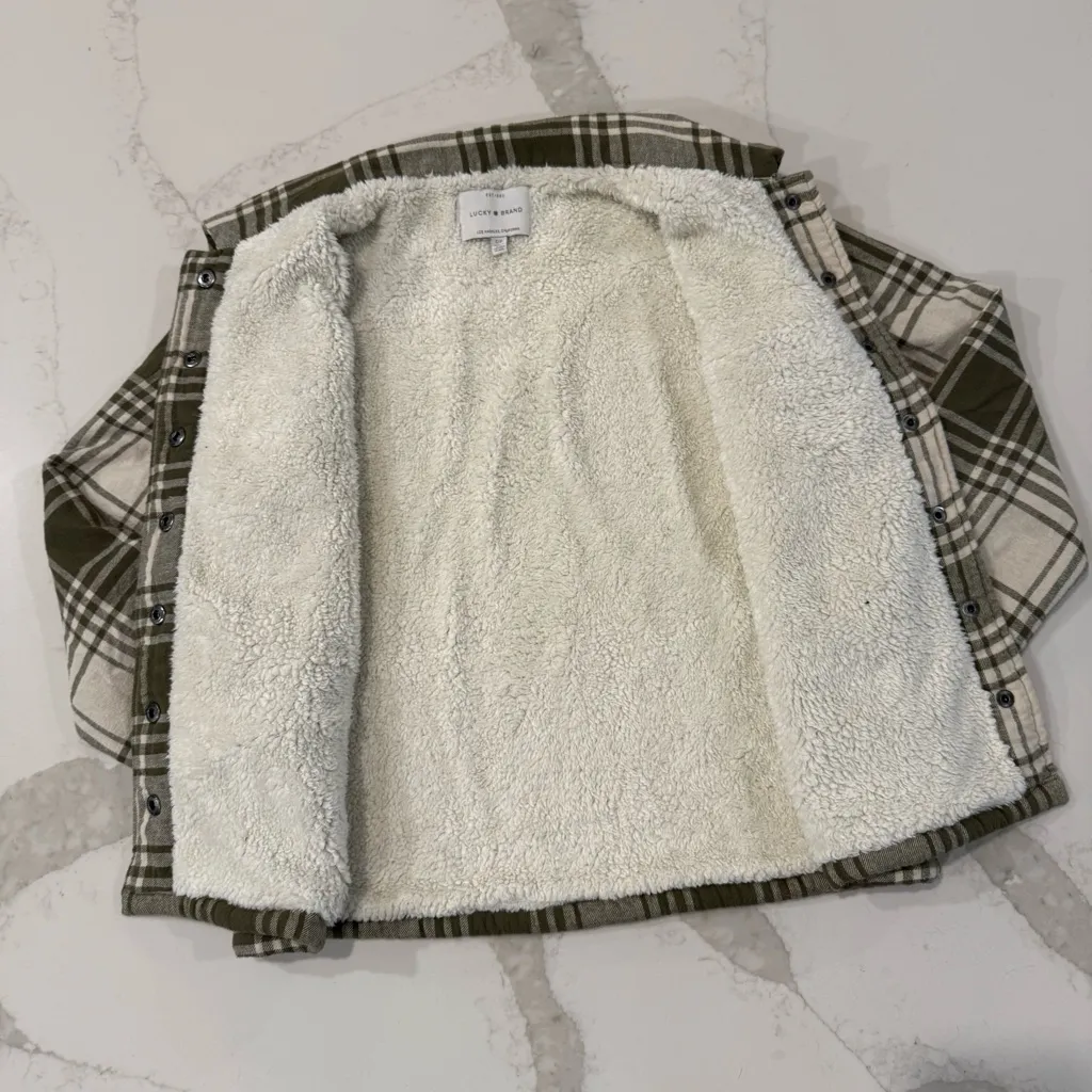 Lucky Brand Plaid Sherpa Flannel Shirt Jacket Womens Small Sage Green SnapButton - Image 4