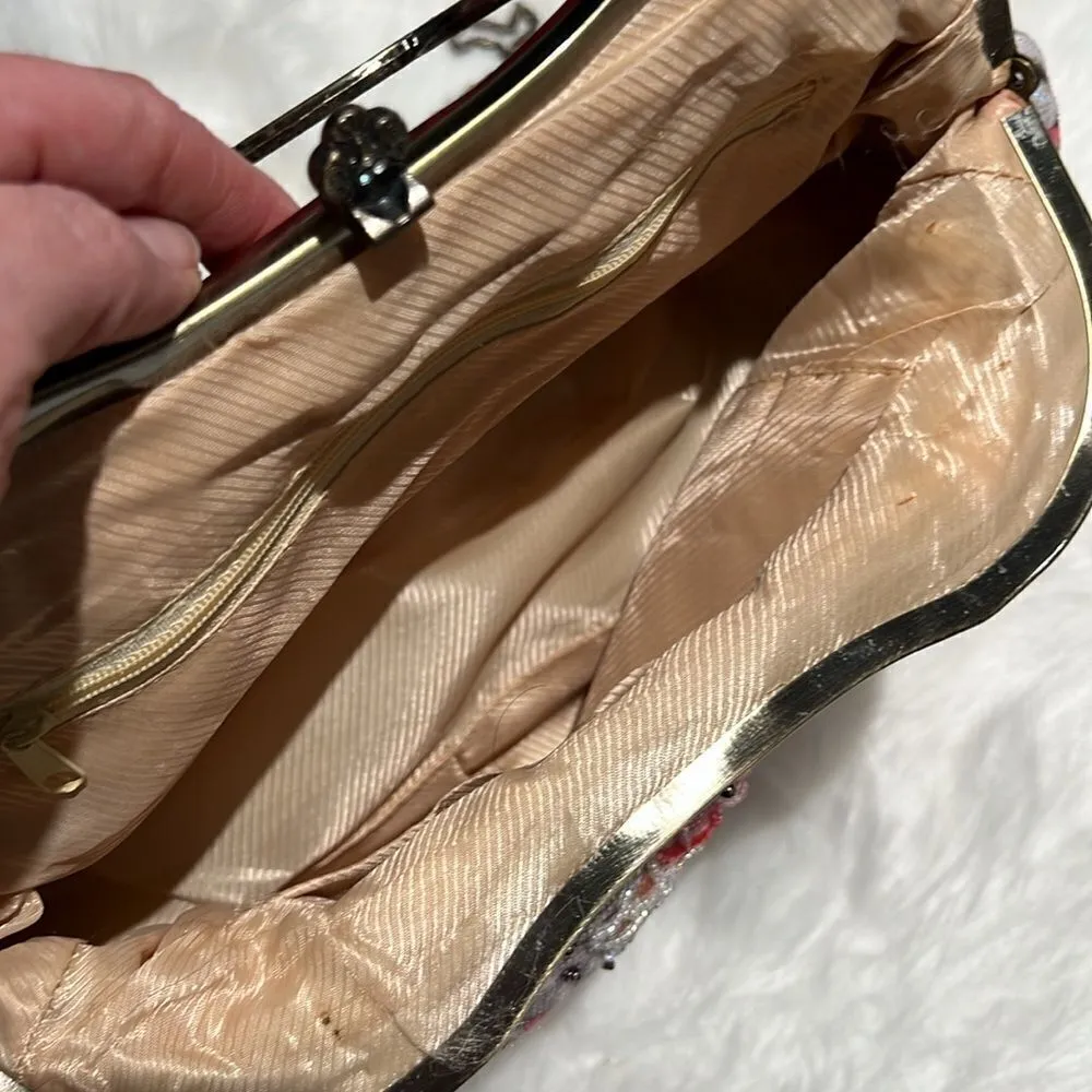 Vintage Beaded Clamshell Sparkly Purse with long Shoulder Strap B89 Gray - Image 10