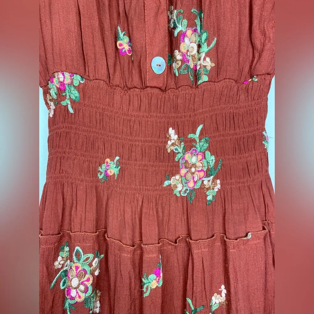 Anthropologie Fig and Flower Embroidered Smocked Tiered Ruffle Dress Size L - Image 6