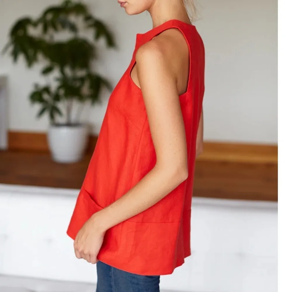 Emerson Fry Red Linen A Line Mod Tank Top Pocket V Neck Clasp Closure XS - Image 3