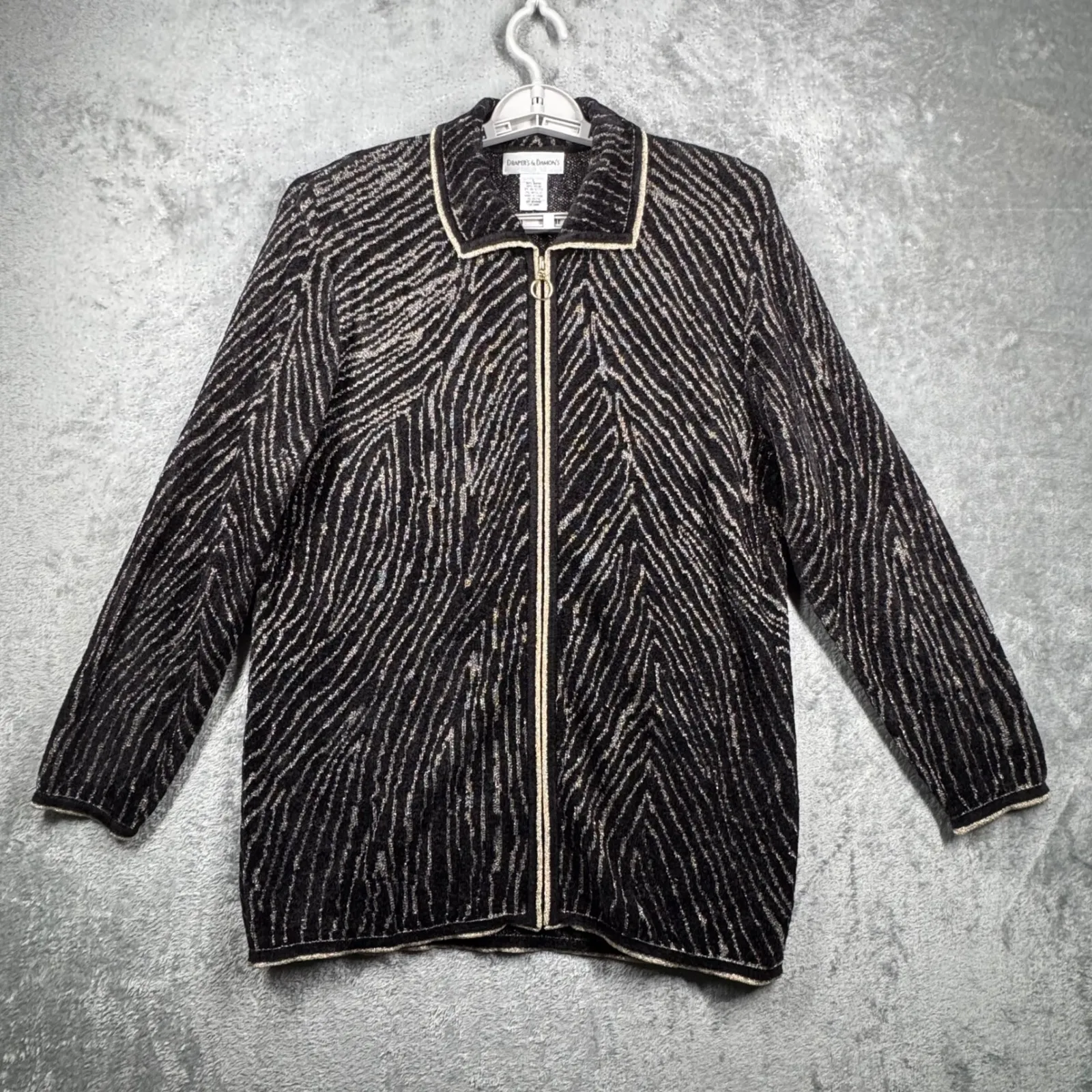 Drapers & Damons Cardigan Large Black Gold Metallic Zip Zig Zag Shimmer Glam - Image 2