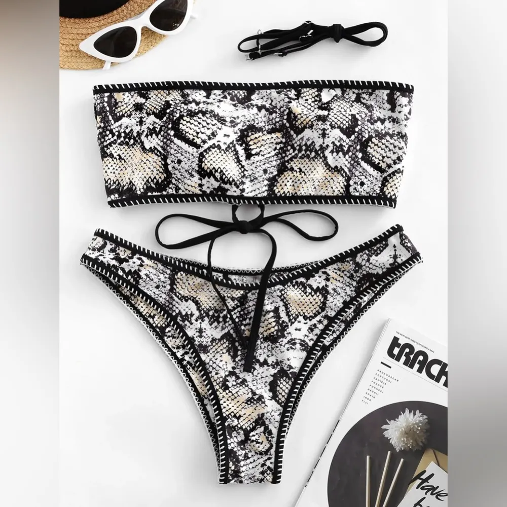 Whip Stitch Lace-Up Bikini Bathing Suit Set, Snake Print, Size S, NWOT - Image 2