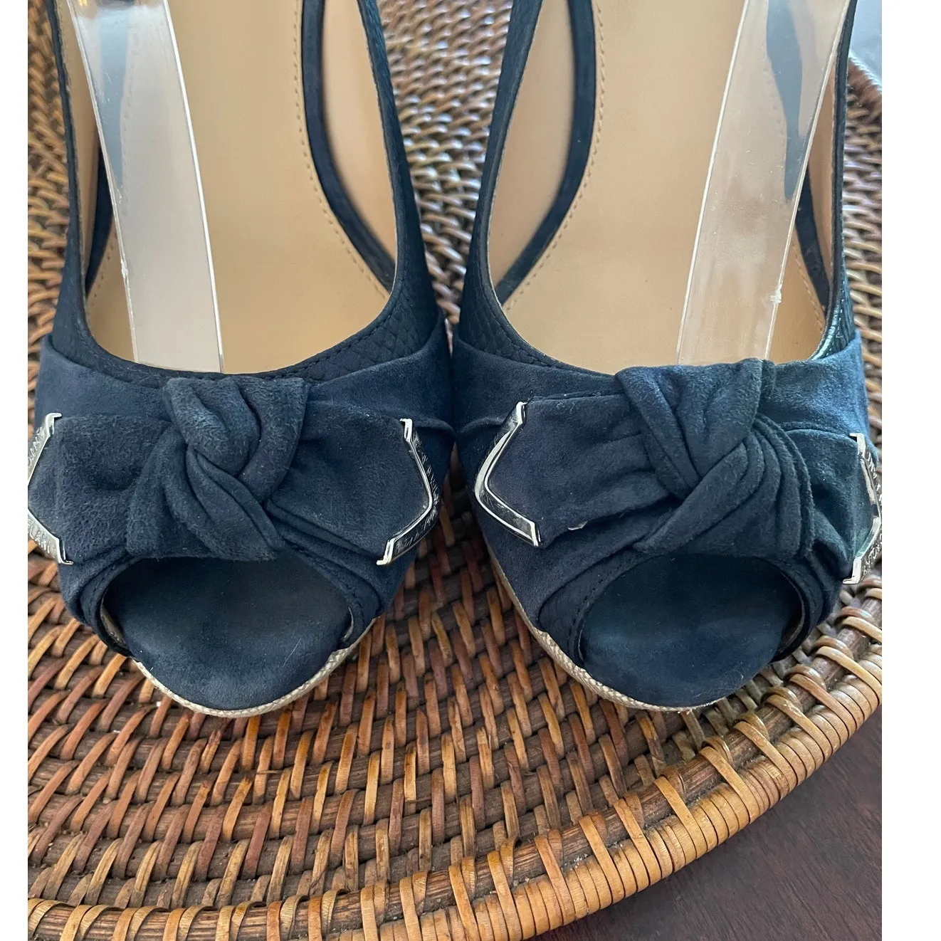 Antonio Melani Wedge Sandals Leather Navy Suede Womens 10 M Shoes Peep Toe - Image 2