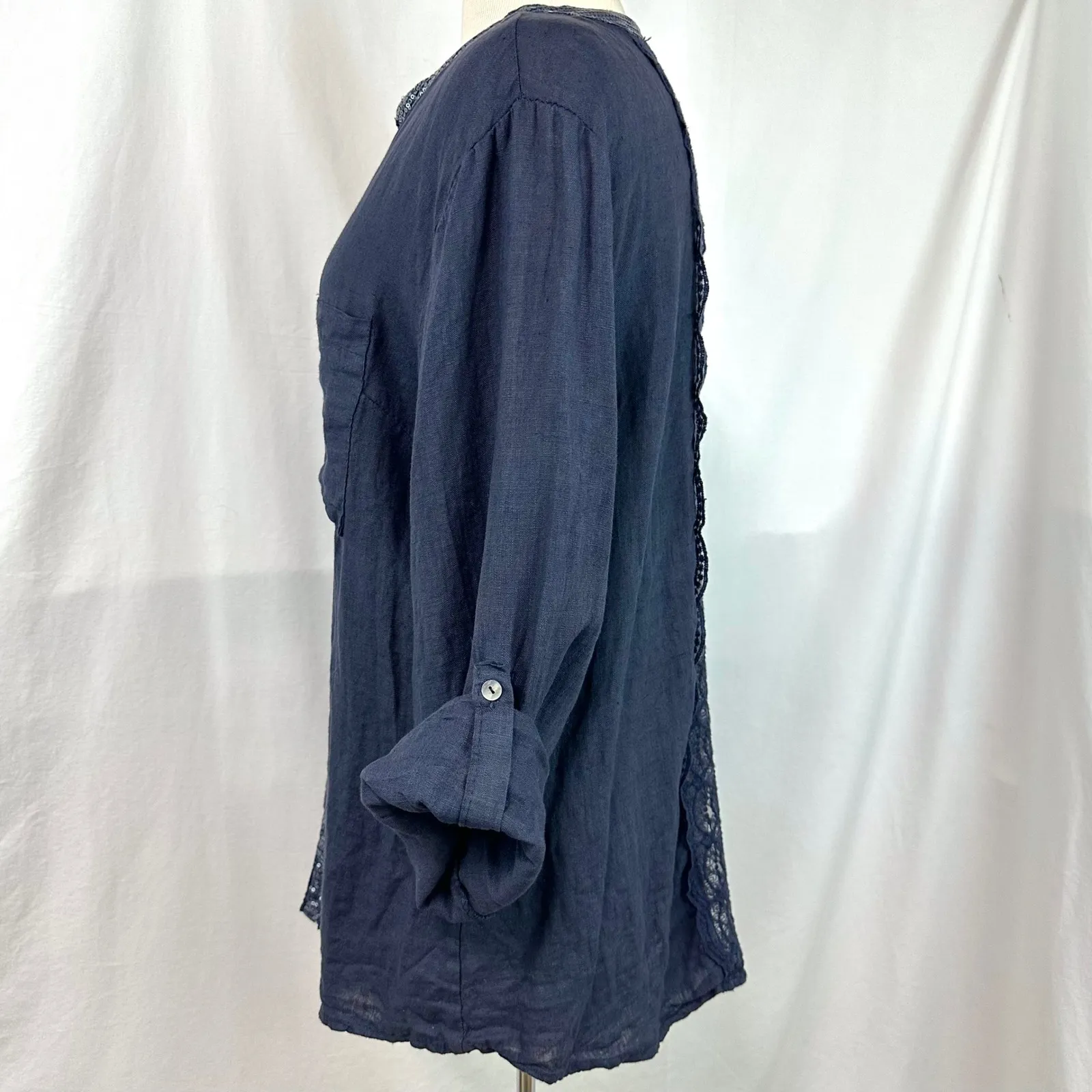 PIAZZA ROMA Navy 100% Linen Made In Italy Roll Tab Sleeve Collar Blouse Women L Blue Size L - Image 4