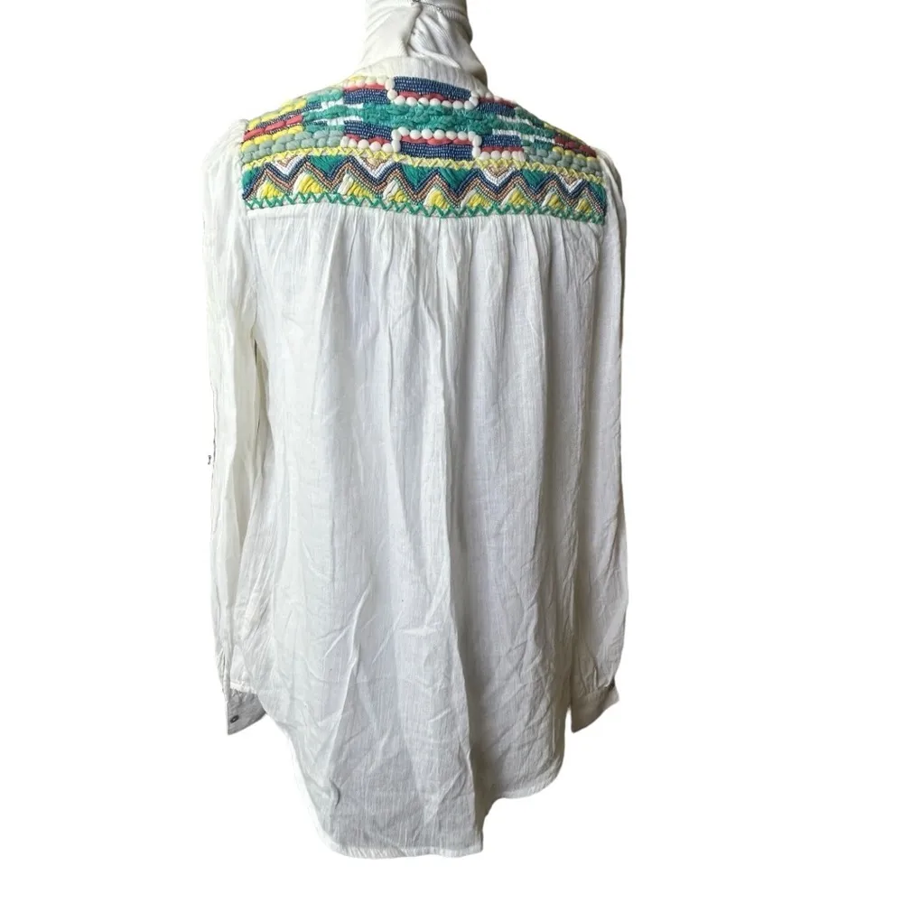 New Anthropologie Isato White Gauzy Embroidered Beaded Peasant Blouse Small - Image 3