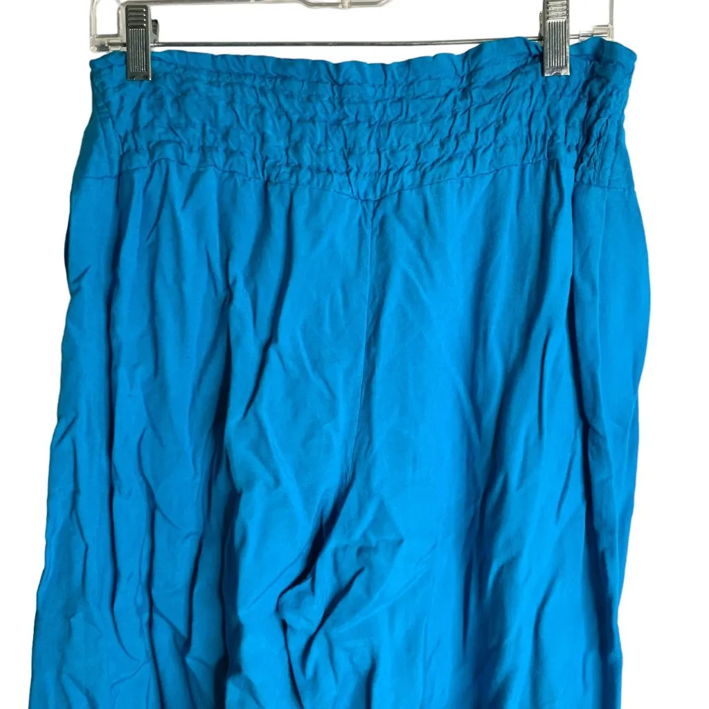 Vintage 90s Culottes Wide Leg Cropped Pants M Blue Elastic Waist Pleated Pockets Size M - Image 5