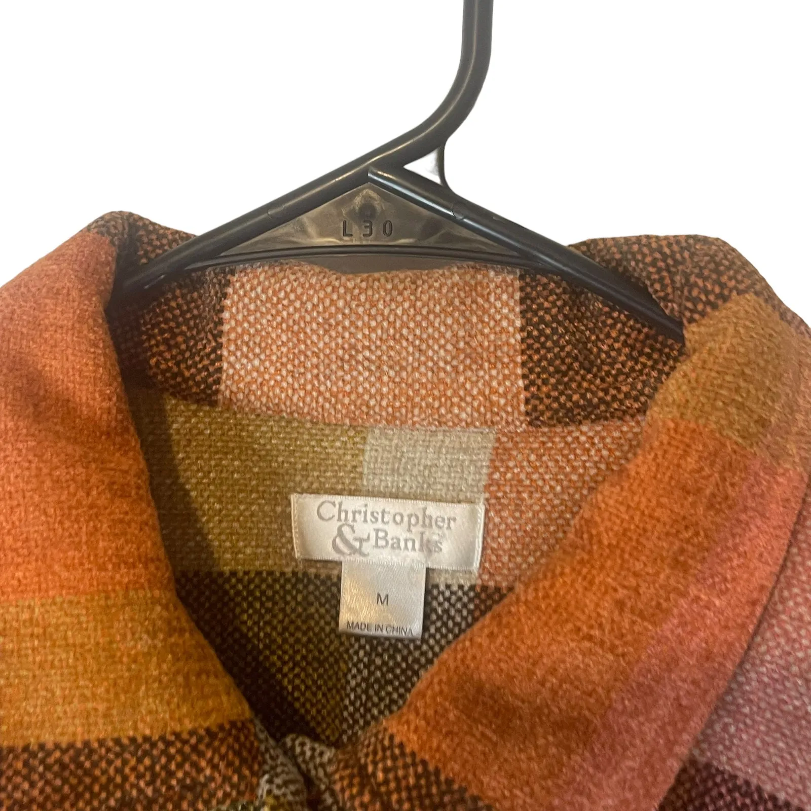 Christopher & Banks Women Medium Plaid Fall‎ Orange Red Shacket Button Up - Image 4